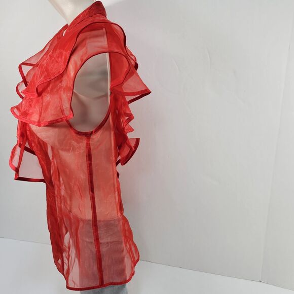 Karen Millen Red Sheer Organza Ruffle Blouse UK 8 US 4 EU 36 Button Front Top - Picture 3 of 7